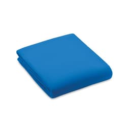 A folded blue blanket is displayed, featuring a smooth texture and neat edges. The blanket looks soft and cosy.