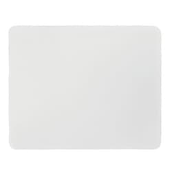 A rectangular white placemat with rounded corners, featuring a smooth surface and a simple design.