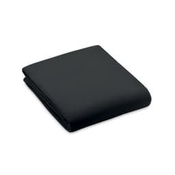 A black blanket folded neatly, featuring a smooth texture and a simple design. It has a minimalistic appearance.