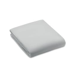 A folded fleece blanket in a soft grey colour, featuring a simple design without any visible logos or patterns.