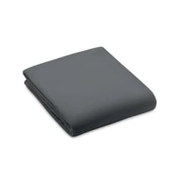 A folded dark grey blanket with a soft texture, featuring a simple design.