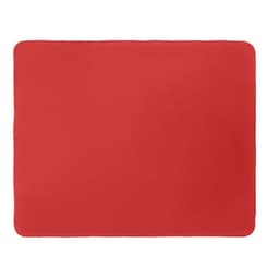 A red placemat featuring a smooth surface, square shape, and rounded corners. It has a simple, solid design.