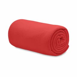 A rolled red blanket neatly secured, showcasing its soft, fleece texture and vibrant colour.