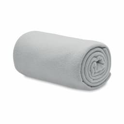 A rolled-up grey blanket made of soft fabric, showcasing a smooth texture and cylindrical shape.