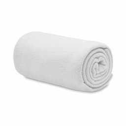 A rolled white towel made from soft fabric, neatly arranged for display.
