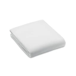 A folded white blanket made from soft fabric, neatly arranged. It features a smooth texture and a simple design.