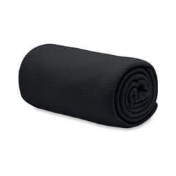 A rolled black blanket made of soft fleece material, featuring a simple design without any visible branding.