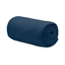 A rolled navy blue fleece blanket with a soft texture, featuring a rounded edge. It has a simple design without any logos.