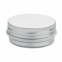 A silver tin container with a ridged edge and a flat top, featuring a secure lid.