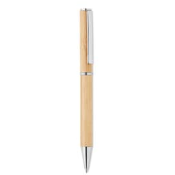 A pen with a bamboo barrel and a silver clip, featuring a smooth, shiny metal tip. It has a minimalist design.