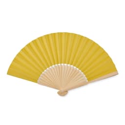 A foldable fan with a yellow fabric surface and a wooden handle. It features a simple design.