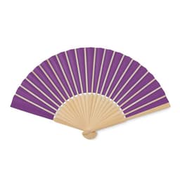 A folding fan with wooden spokes and vibrant purple fabric. Features a simple design and has a logo present.