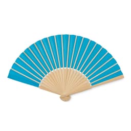 A blue folding fan with wooden spokes, spread open to display its vibrant colour.