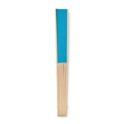 A wooden fan with a blue and natural wooden finish, featuring a simple design and branding on the handle.