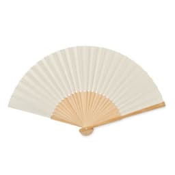 A folding fan with a cream fabric surface and wooden spokes, featuring a simple, elegant design.