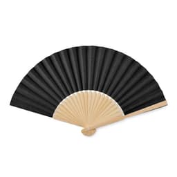 A black folding fan with a wooden handle and ribs, featuring a simple yet elegant design.