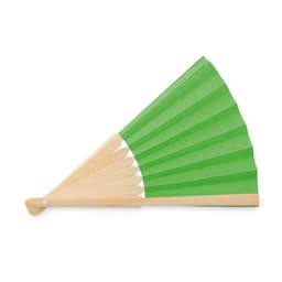A green folding fan with a wooden handle, displaying alternating shades of green in the fabric.