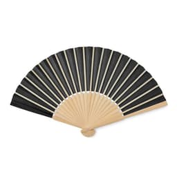 A folding fan with alternating black and natural wood tones, featuring a wooden handle and multiple slats.