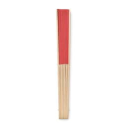 A flat, wooden fanning tool with red fabric and a natural wood finish, featuring a simple design and logo.