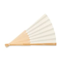 A decorative hand fan featuring a cream fabric surface and a bamboo frame, displayed in an open position.