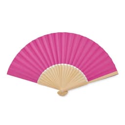A pink folding fan with a wooden handle, elegantly opened to display its pleated design.
