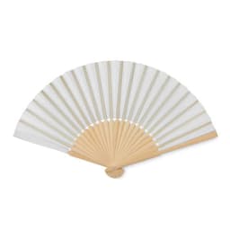 A folding hand fan with a wooden frame and white fabric panels, featuring a simple design.
