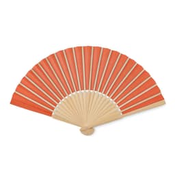 An orange folding fan with wooden spokes, fully opened and displayed against a plain background.