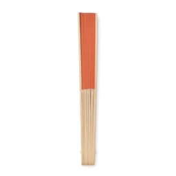 A long, thin fan made of bamboo with a vibrant orange fabric section at the top. It features a simple wooden design.