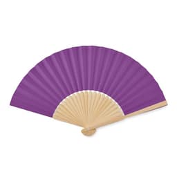 A purple folding fan with a wooden handle and pleated design. It has a simple, elegant appearance.