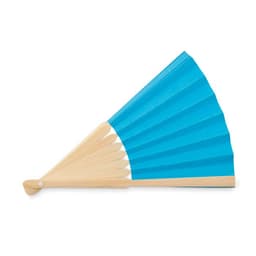 A blue folding hand fan with wooden handles, featuring a smooth design and a rounded tip.