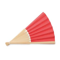 A folding hand fan with a red fabric surface and wooden spokes, featuring a simple design.