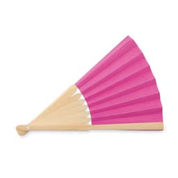 A pink folding fan with wooden supports, featuring a pleated design and a rounded handle.