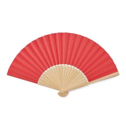 A red folding fan with a wooden handle, featuring pleated fabric and a smooth finish.