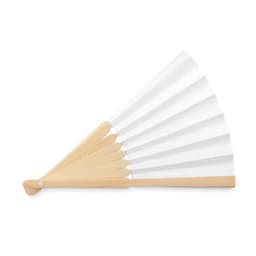 A folding hand fan with wooden handles and white fabric panels, showcasing a simple and elegant design.