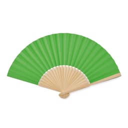 A green folding fan with a wooden frame, featuring pleated fabric and a rounded handle.