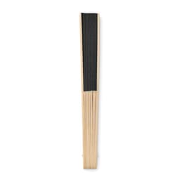 A long, narrow wooden fan with a black fabric section at the top and thin bamboo slats. It features a simple design.