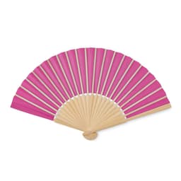 A pink and cream folding fan with wooden ribs, elegantly spread open.
