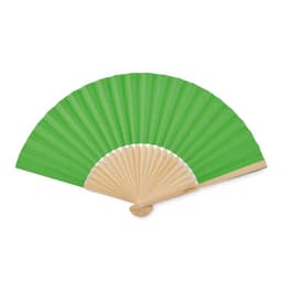 A green folding fan with a wooden handle and a ribbed design, featuring a logo on the handle.