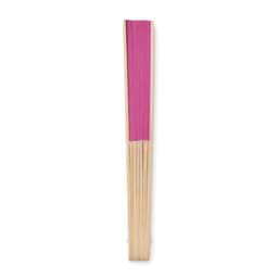 A pink and natural bamboo fan with thin slats, featuring a solid pink section at the top.