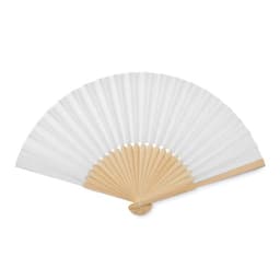A white folding fan with a wooden handle, elegantly opened to display its pleated design.