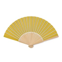 A yellow folding fan with wooden handles, showcasing a symmetrical design and a smooth, open shape.