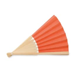 A decorative fan with bright orange paper and wooden ribs, featuring a simple design and a rounded handle.