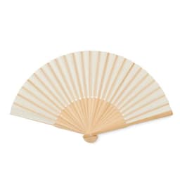 A wooden hand fan with cream fabric and a bamboo frame, featuring a curved shape and visible spokes.