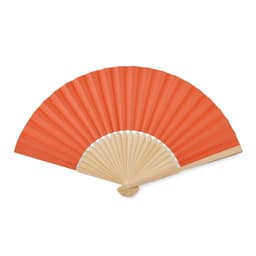 An ornate folding fan with a vibrant orange fabric and a wooden handle. It has a structured ribbed design.