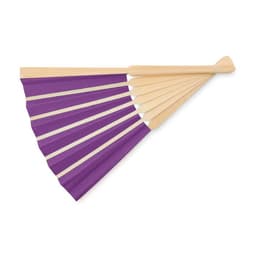 A purple folding fan with wooden sticks, featuring a simple design and multiple pleats.