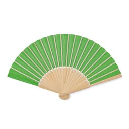 A green hand fan with wooden spokes and a rounded base, featuring a logo on one side.