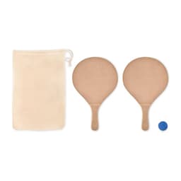 A set of wooden paddles, a blue ball, and a beige cloth pouch for storage.