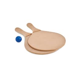 Two wooden racquets with a blue ball, featuring a simple design and smooth finish.