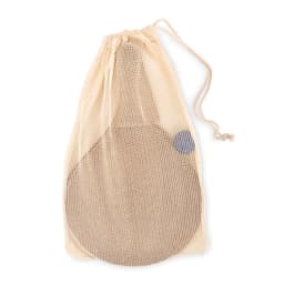 A racquet inside a cream-coloured mesh bag, featuring a drawstring closure. The bag has a round shape.