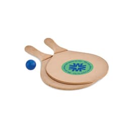 A set of two wooden paddles with handles and a blue ball. Each paddle features a logo on its surface.
